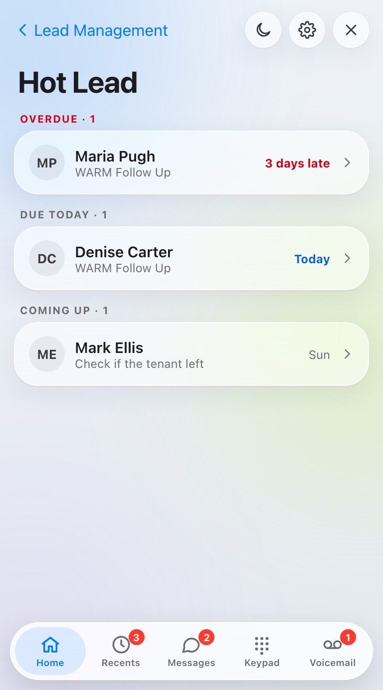 A Lead Management folder with overdue and due-today leads