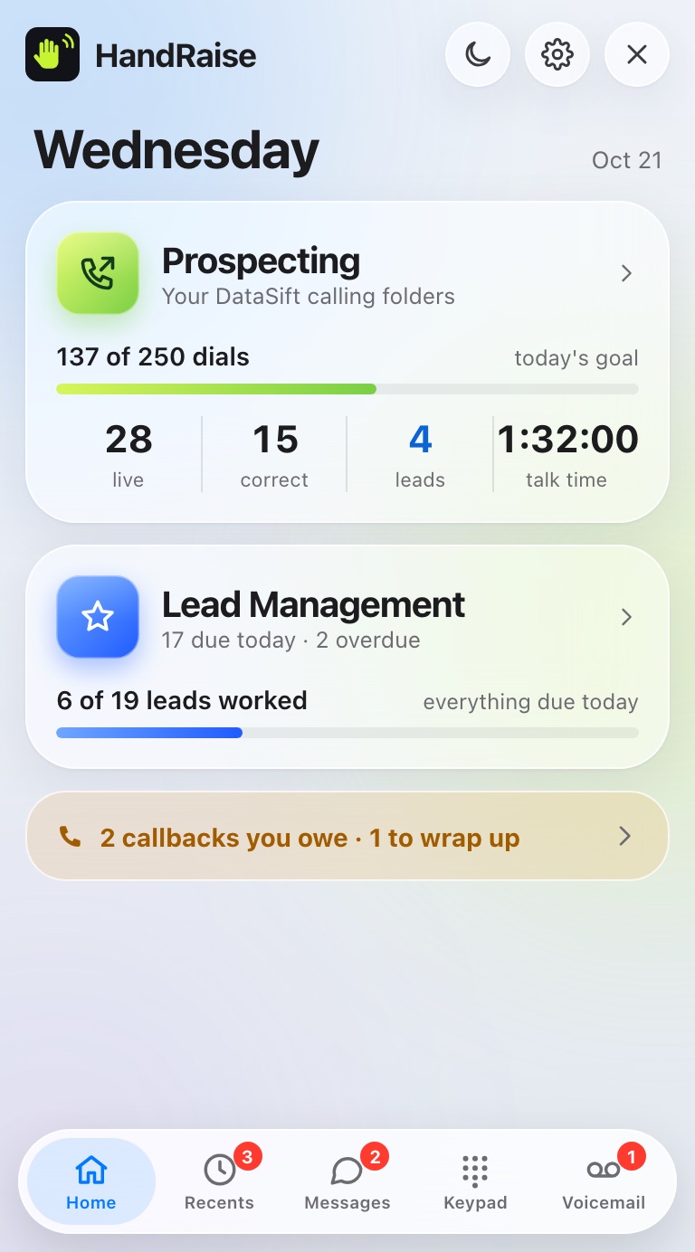 HandRaise home in Chrome with Prospecting and Lead Management