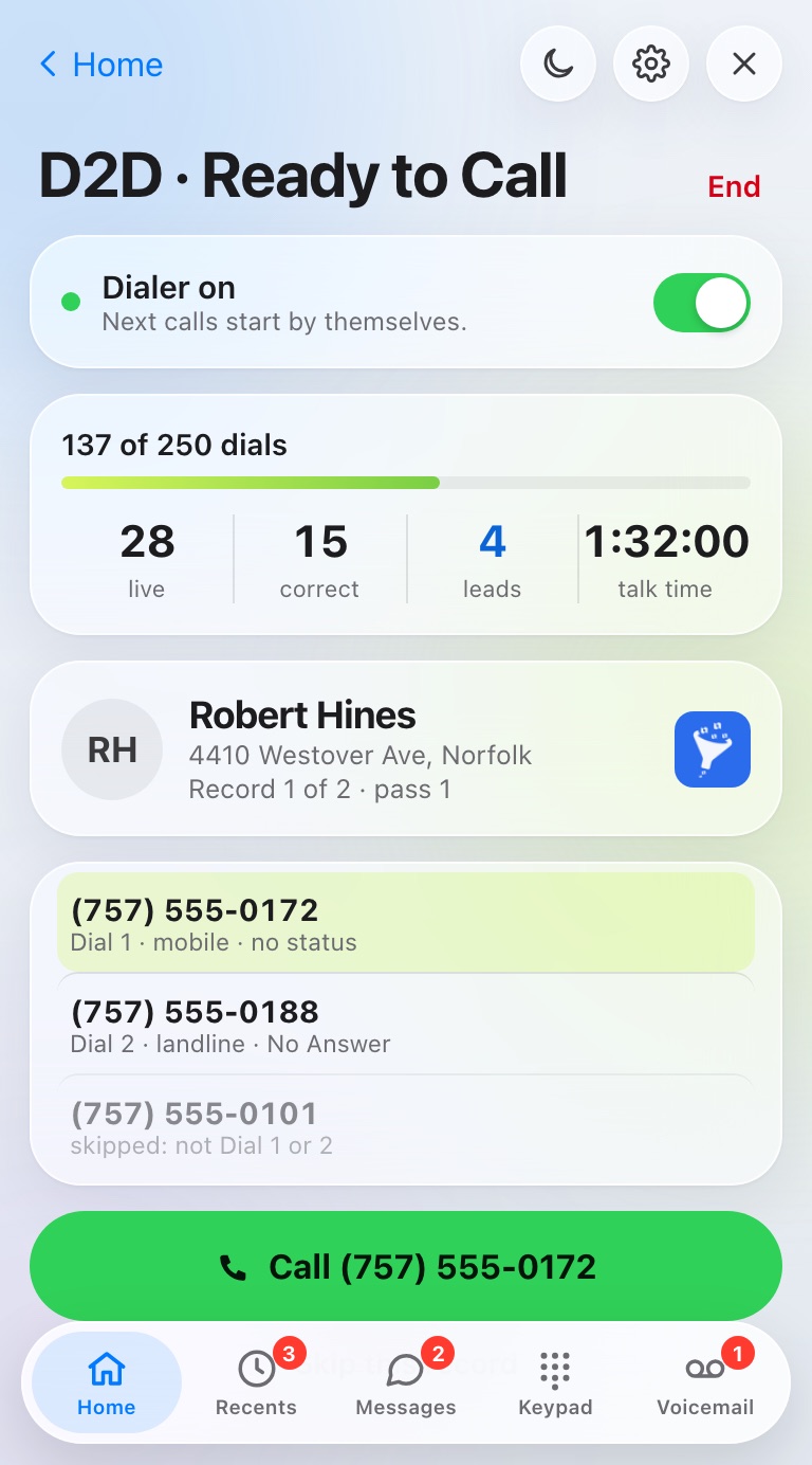 HandRaise in Chrome: a record loaded with its numbers and the next call ready