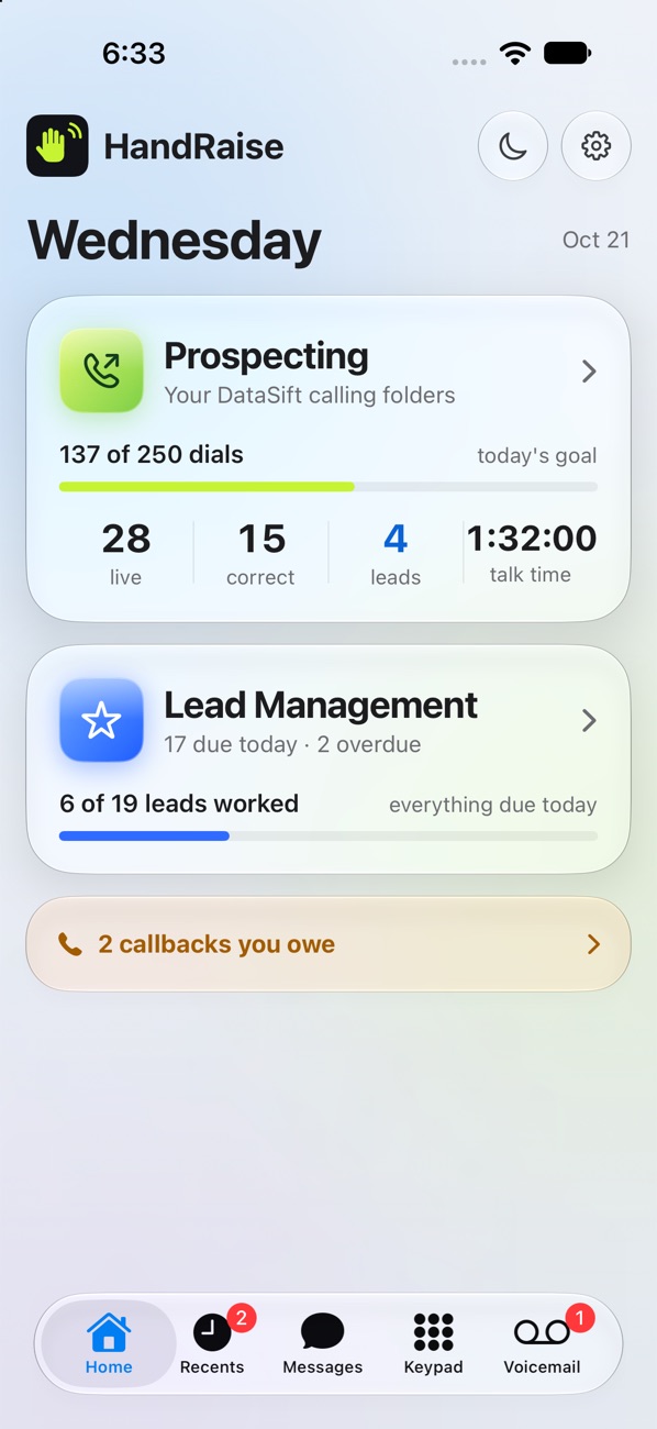 HandRaise on iPhone: today's dials, live answers and leads