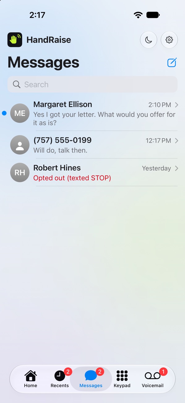 The HandRaise Messages list on iPhone